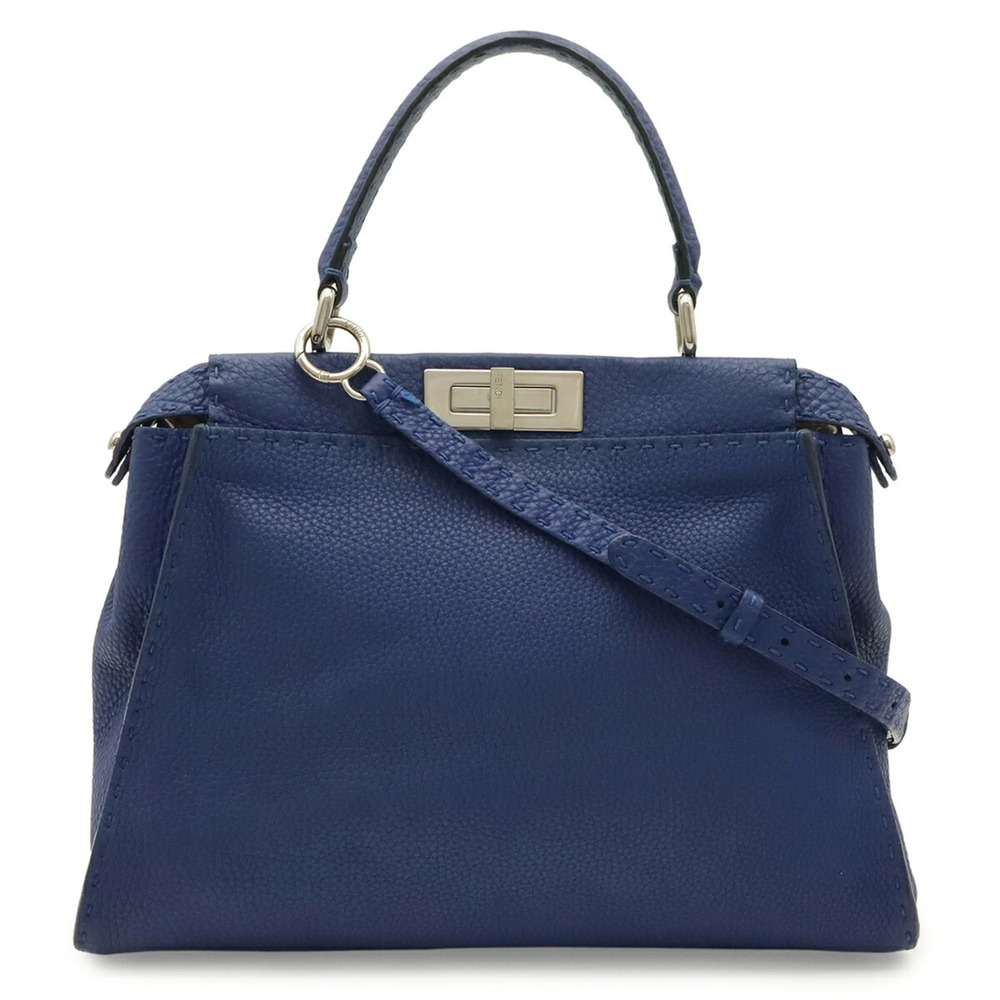 FENDI Selleria Peekaboo Regular Handbag Tote Bag Shoulder Leather Blue 8BN226